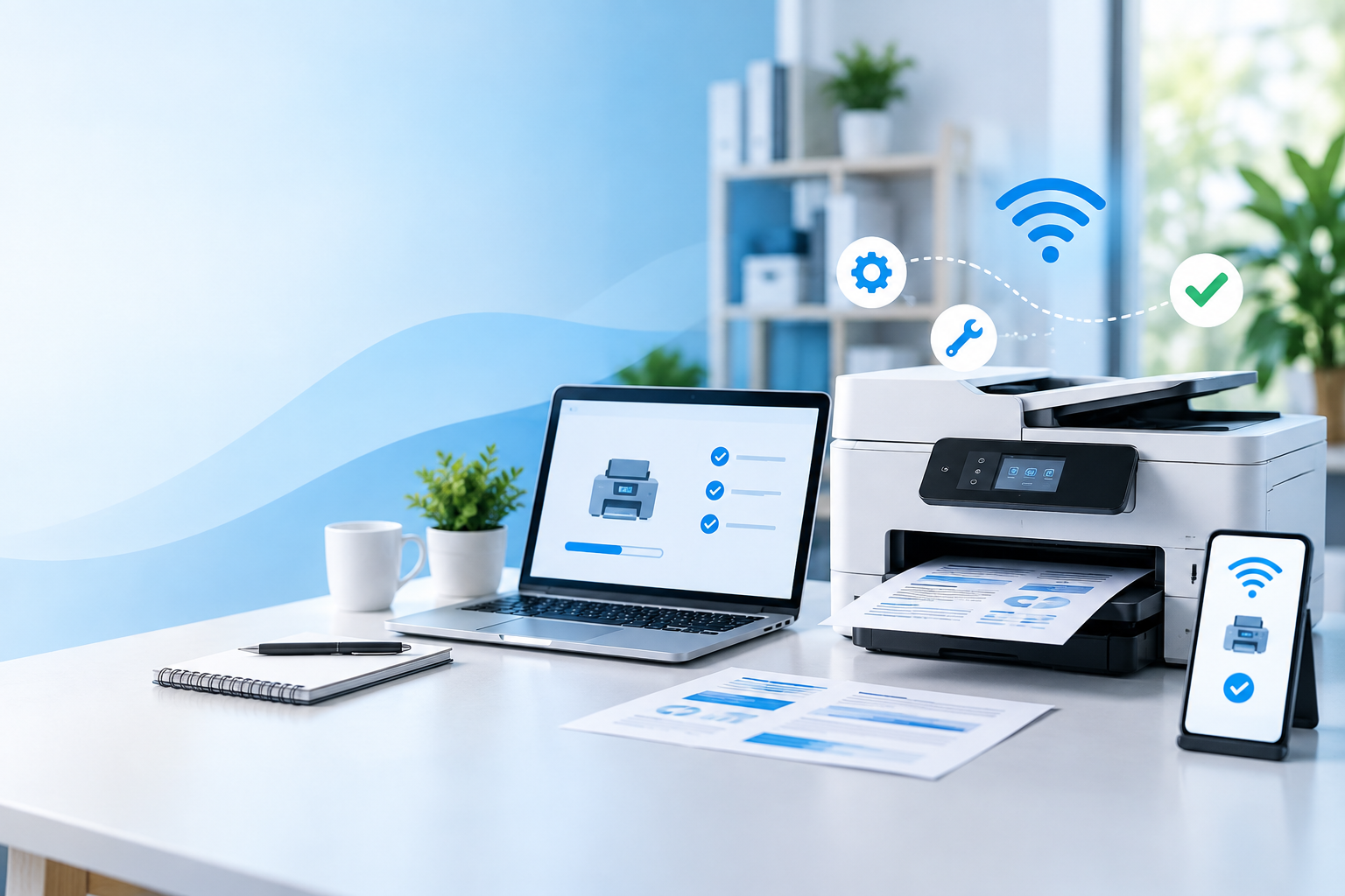 Printer setup and troubleshooting with printer, laptop and smartphone
