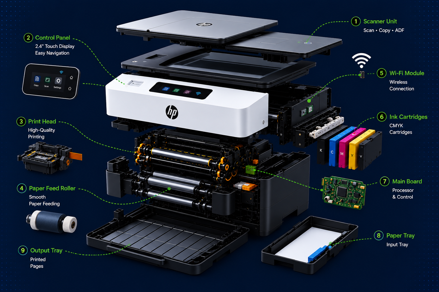 Exploded view of printer components