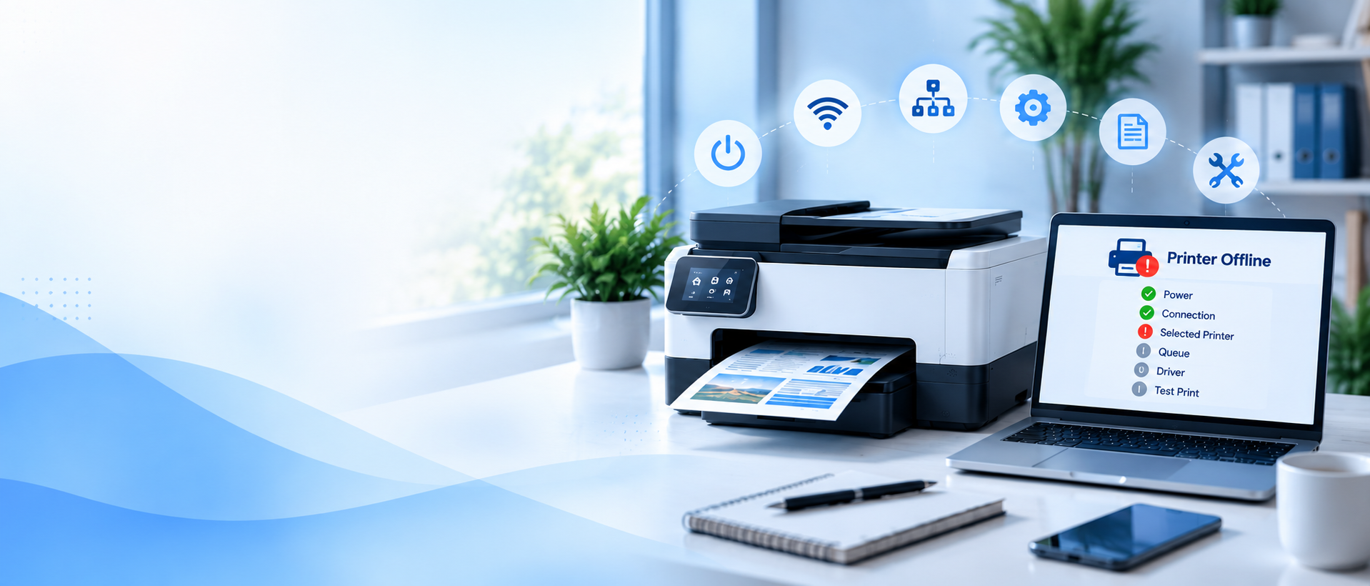 Printer and laptop showing printer offline troubleshooting