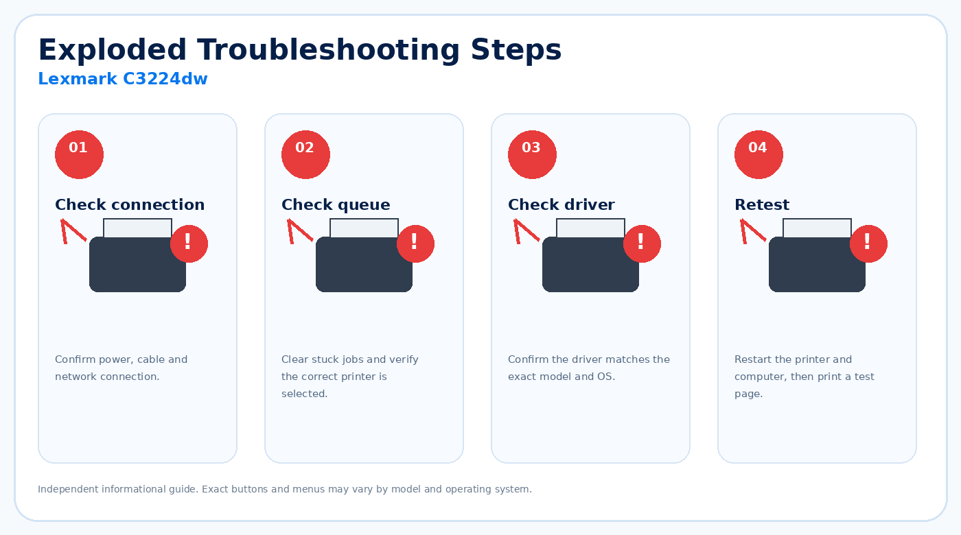 Exploded troubleshooting steps for Lexmark C3224dw