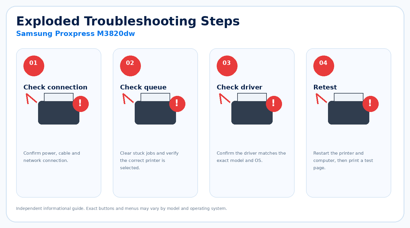 Exploded troubleshooting steps for Samsung Proxpress M3820dw